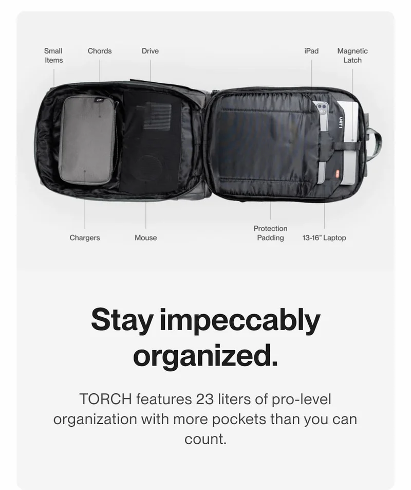 Open TORCH backpack showing labeled compartments for laptop, tablet, chargers, and small items.