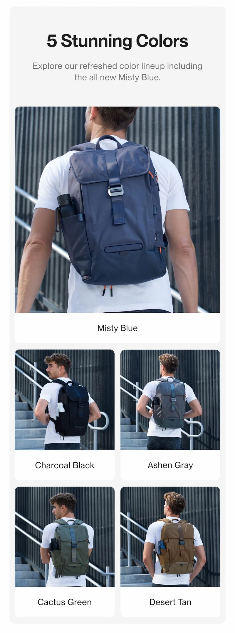 TORCH backpack shown in Charcoal Black, Ashen Gray, Cactus Green, and Desert Tan worn by different riders.