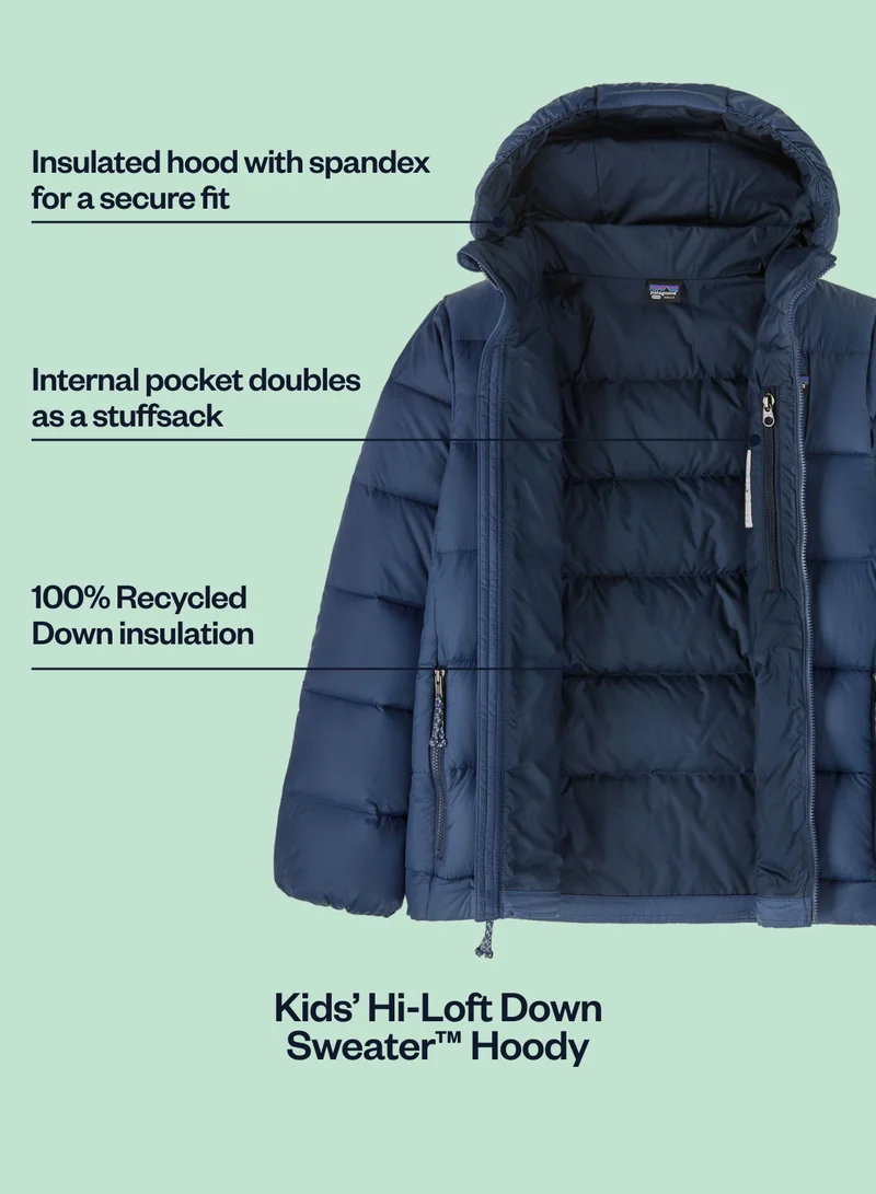 The Kids' Hi-Loft Down Sweater Hoody features 100% Recycled Down, an insulated hood with spandex for a secure fit and an internal pocket that doubles as a stuff sack.
