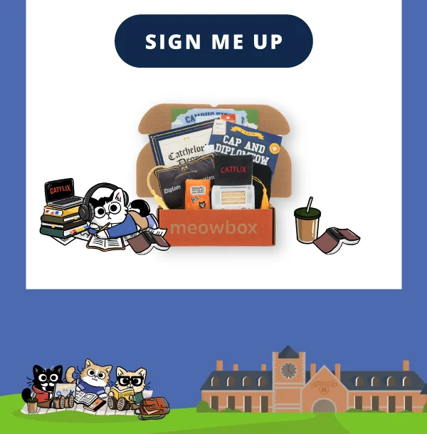 Sign me up! Image of Campus Kitties meowbox (featuring toys like the Catchelor's Degree Catnip Scratcher, Cap & Diplomeow 2-pack, Mewvie Night toys and more)