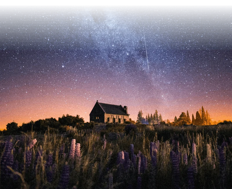Image Description: The Church of The Good Shepherd underneath a clear starry sky and the Milky Way in Lake Tekapo, New Zealand
