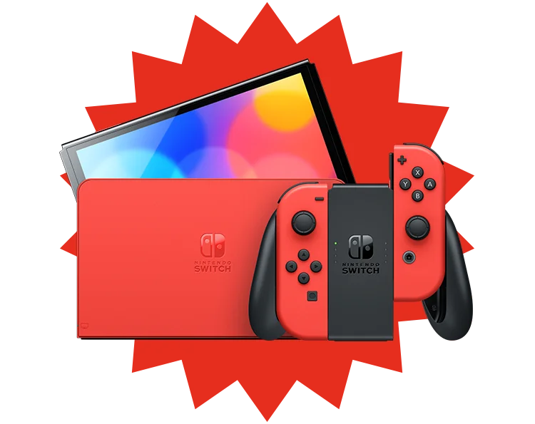 A colorful red Nintendo Switch system is shown.