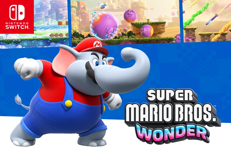 Mario is shown in elephant form as several scenes from the game are seen behind him.