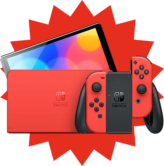 A colorful red Nintendo Switch system is shown.