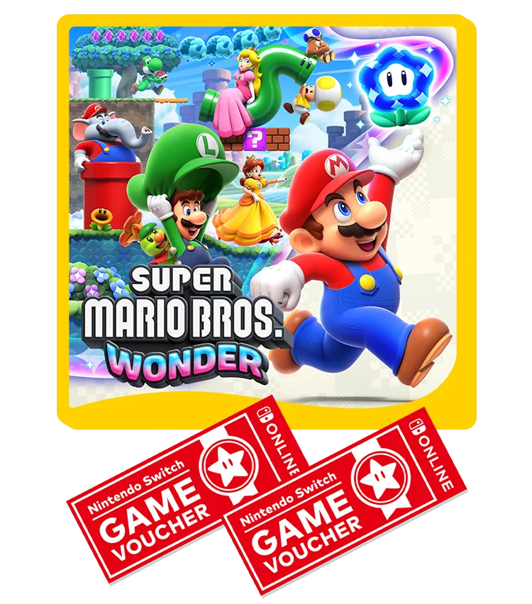 Mario and friends run across the Flower Kingdom and two Nintendo Switch game vouchers are shown.