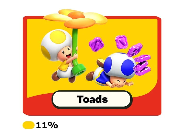 A yellow Toad floats with a flower as a blue toad falls over and drops his coins.