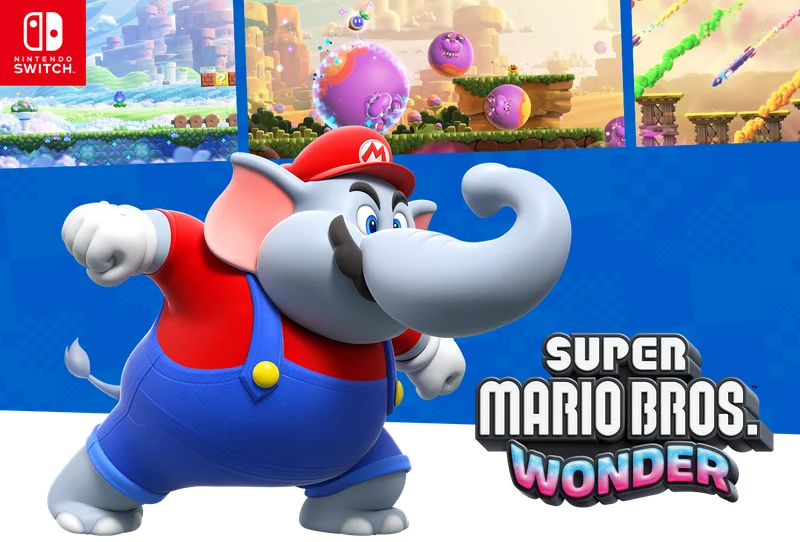 Mario is shown in elephant form as several scenes from the game are seen behind him.