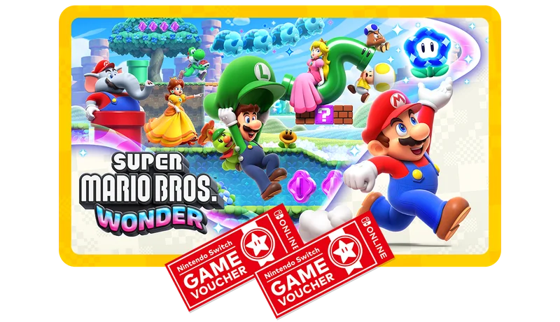 Mario and friends run across the Flower Kingdom and two Nintendo Switch game vouchers are shown.