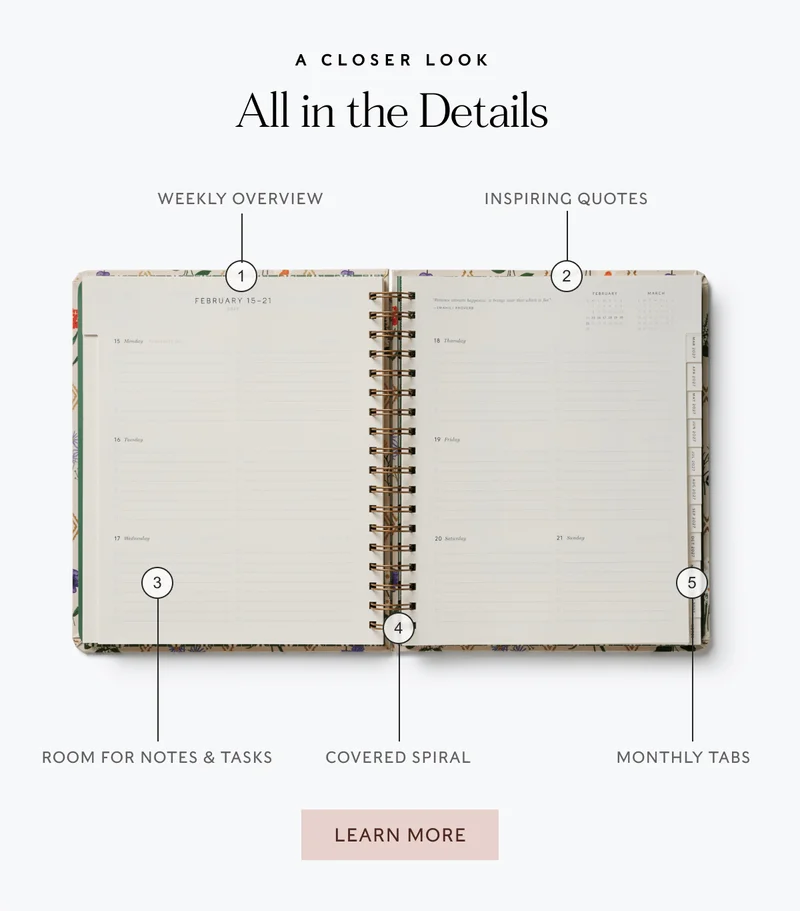 A CLOSER LOOK - All in the Details | 1. WEEKLY OVERVIEW 2. INSPIRING QUOTES 3. ROOM FOR NOTES & TASKS 4. COVERED SPIRAL 5. MONTHLY TABS | LEARN MORE