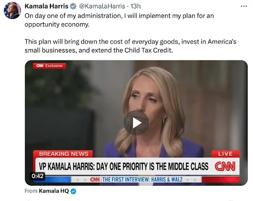 Tweet from Kamala Harris: On day one of my administration I will implement my plan for an opportunity economy