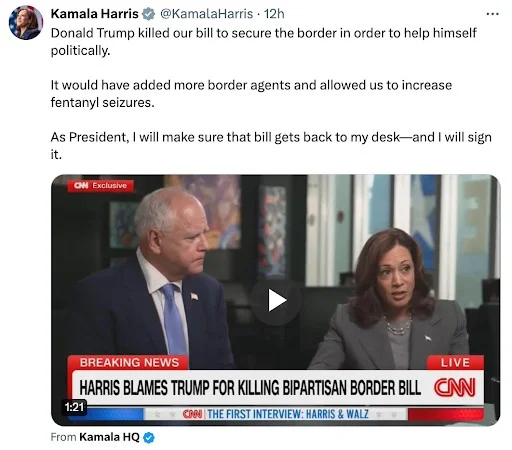 Tweet from Kamala Harris: Donald Trump killed our bill to secure our border to help himself politically