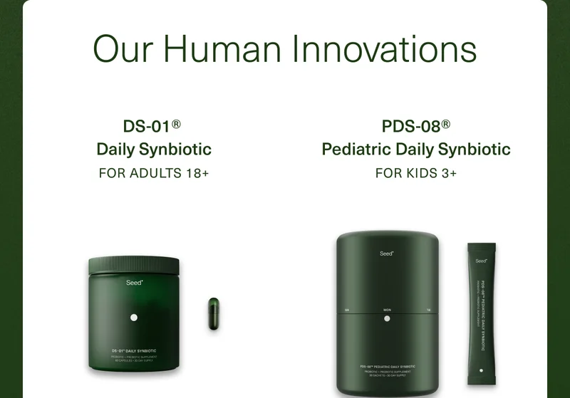 Our Human Innovations. DS-01® Daily Synbiotic For Adults 18+. PDS-08® Pediatric Daily Synbiotic For Kids 3+