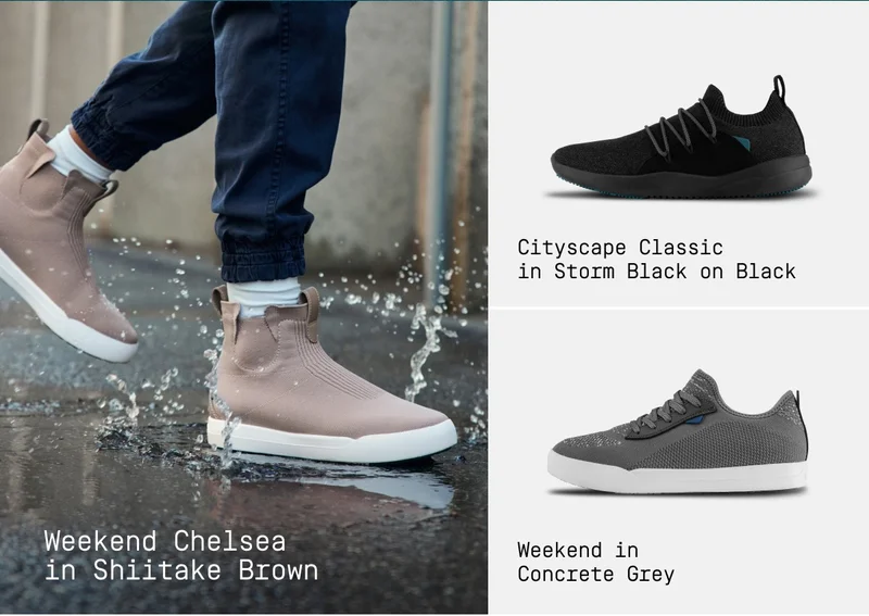 Lifestyle image of Weekend Chelsea in Shiitake Brown, and product images of the Cityscape Classic in Storm Black on Black, and the Weekend in Concrete Grey.