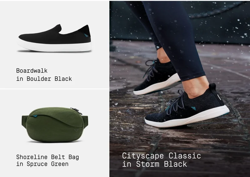 Product images of the Boardwalk in Boulder Black, and Shoreline Belt Bag in Spruce Green, and lifestyle image of the Cityscape Classic in Storm Black.