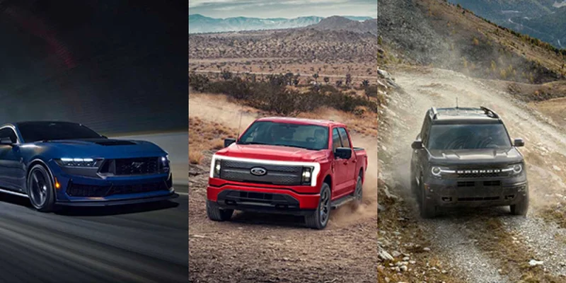 A collage of a Ford Mustang, F‑150, and Bronco.