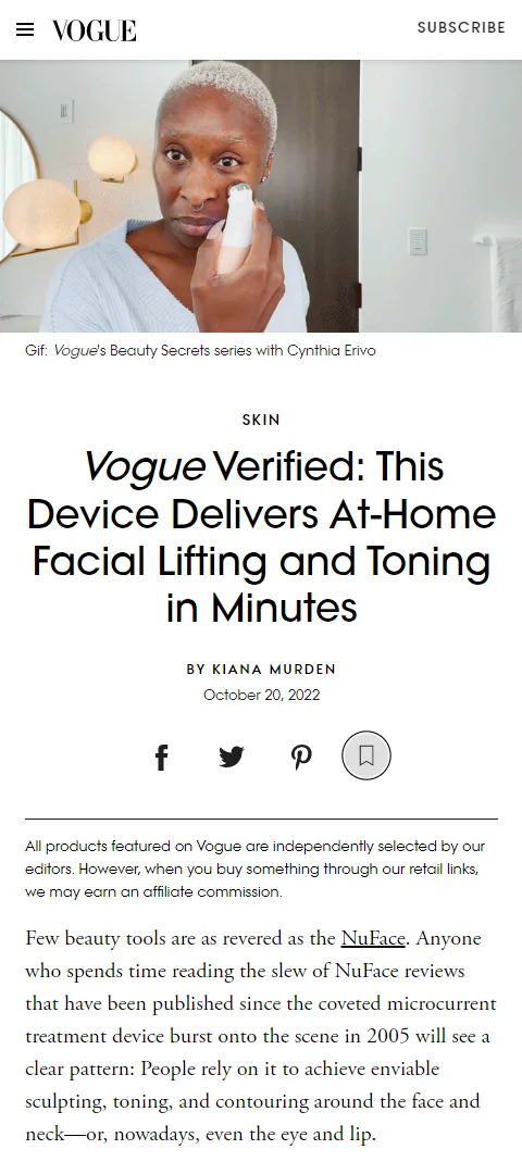 Press release of NuFACE's New MINI+ Device by Vogue.