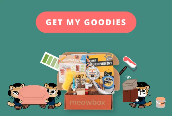 Get my goodies! Image of the Ameowzing Home Makeovers meowbox (featuring toys like the Inspurration Board scratcher, Home Impurrovement 2 pack, Handy Helpurr Wearable Tool Set toys and more).
