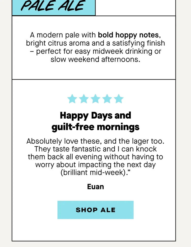***** Happy Days and guilt-free mornings  Absolutely love these, and the lager too. They taste fantastic and I can knock them back all evening without having to worry about impacting the next day (brilliant mid-week)." - Euan
