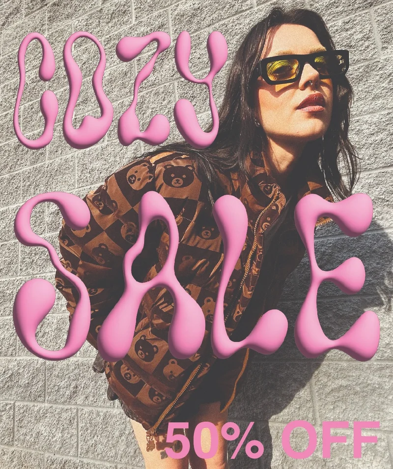 A model wearing our puffer jacket with a text overlay saying "cozy sale"
