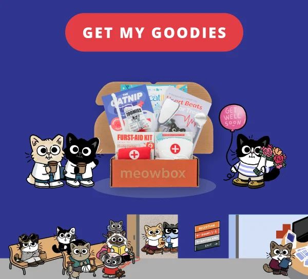 Get my goodies. Image of the Meow Med meowbox (featuring toys like the Furst Aid Kit, Catnip Cure IV wand, Heart Beats for Treats catnip toys). Reply to this email and let us know what meowbox themes you and your kitties would love to see in the future! 👀