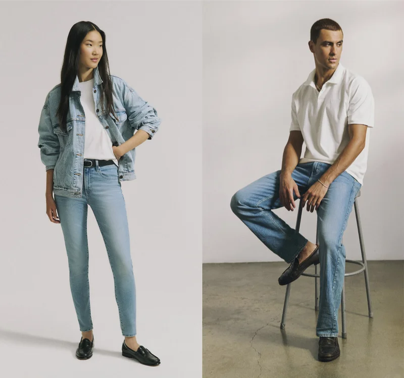 Woman wearing a white tee, trucker jacket, and jeans. Man wearing a white polo and jeans.