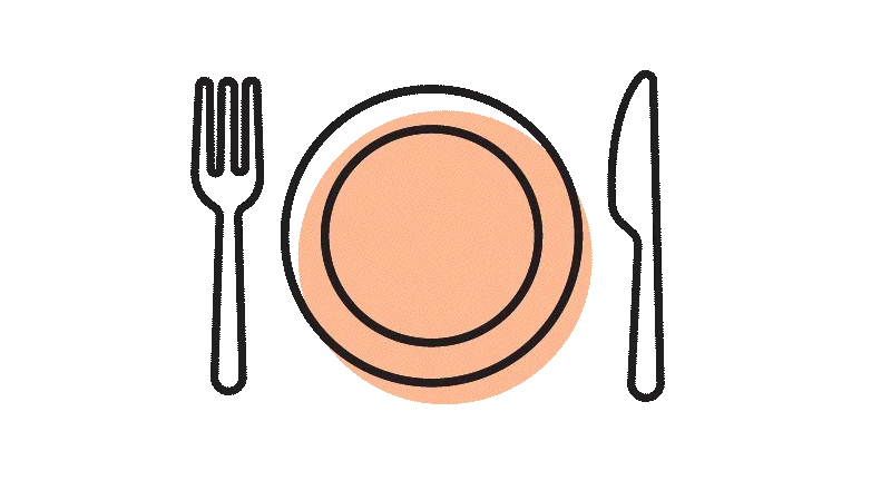 Animated plate, fork and knife illustration.