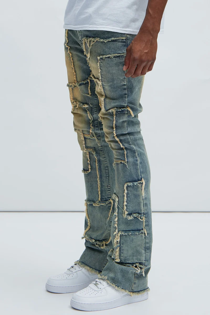 Image of Frayed Patches Stacked Skinny Flare Jeans - Vintage Blue Wash