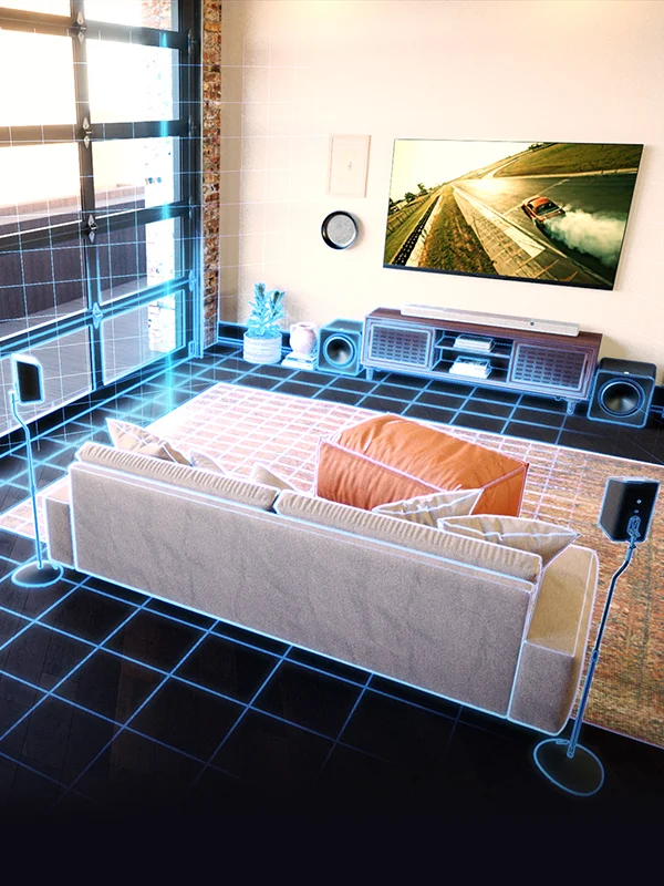Living room with a speaker system that scan the room, with a glowing blue grid, to project the best sound.