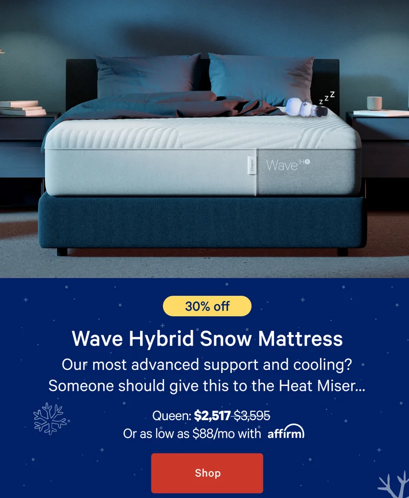 [30% off] >> Wave Hybrid Snow Mattress >> Our most advanced support and cooling? Someone should give this to the Heat Miser… >> Queen: $2,517 ($3,595) >> or as low as $88/mo with affirm. >> Shop >>