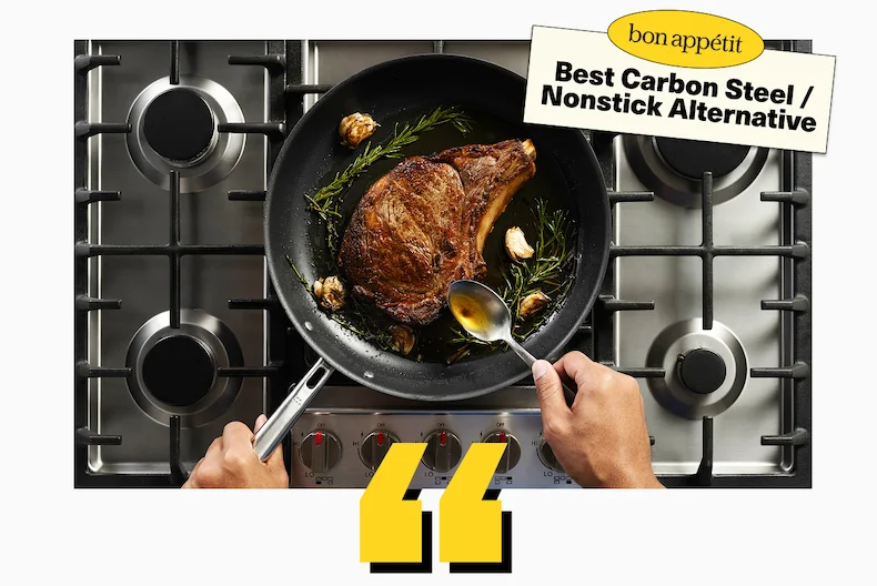 Bon Appetit's best carbon steel/nonstick alternative. Carbon Nonstick pan with a ribeye steak, on the stove being basted with butter.