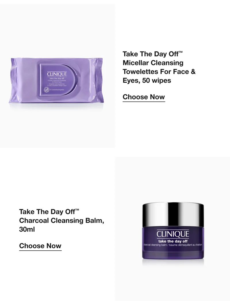 Take The Day Off™ Micellar Cleansing Towelettes For Face & Eyes, 50 wipes | Choose Now | Take The Day Off™ Charcoal Cleansing Balm, 30ml | Choose Now