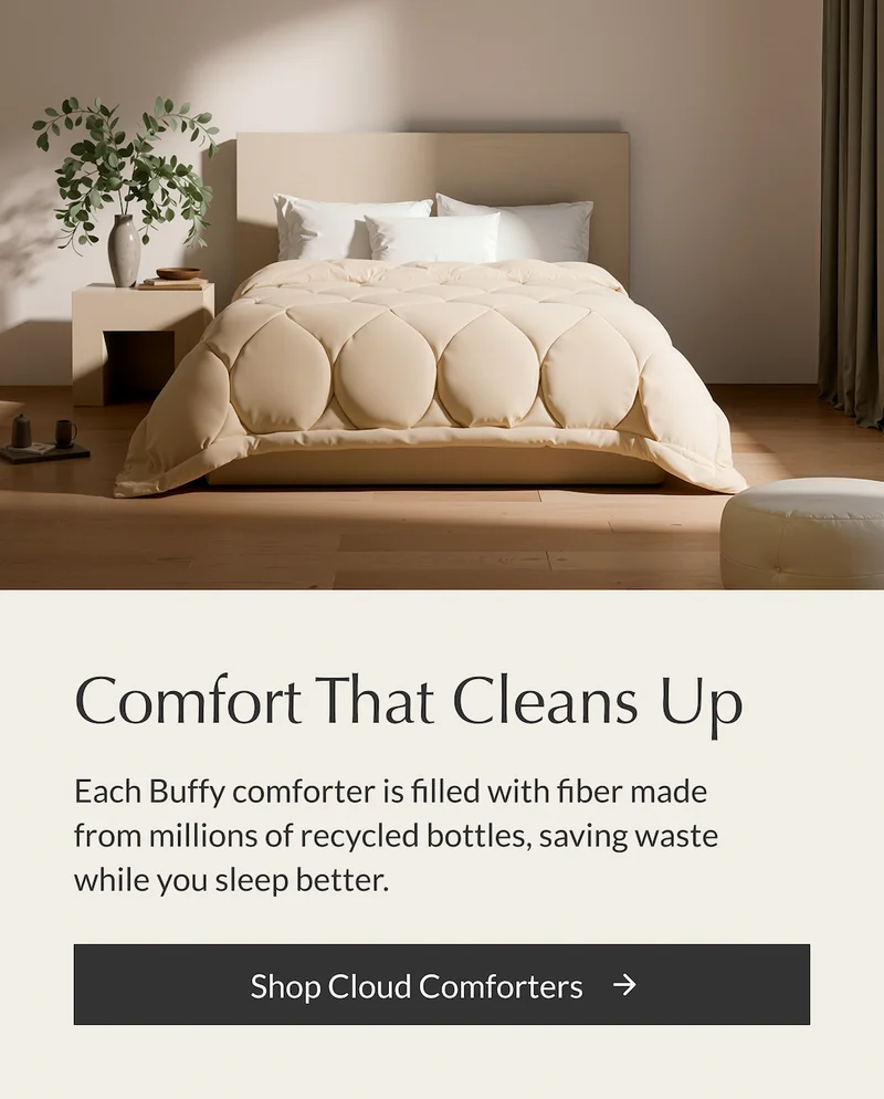 Buffy Cloud Comforter with recycled fill — eco friendly cooling comforter for better sleep.