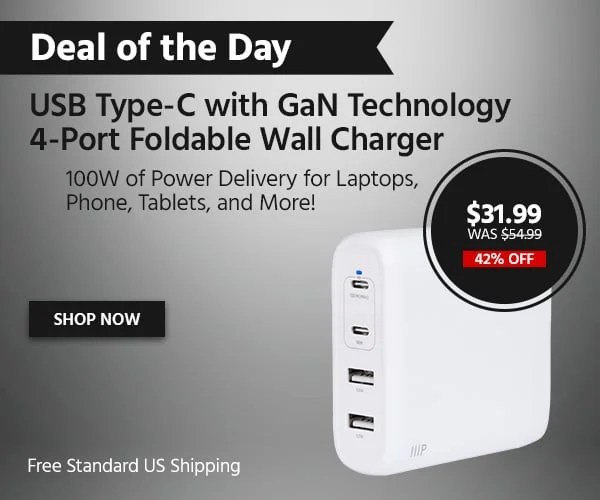 Deal Of The Day: USB Type-C With GaN Technology 4-Port Foldable Wall Charger. 100W Of Power Delivery For Laptops, Phone, Tablets, And More! Free Standard US Shipping. $31.99 Was $54.99. 42% Off. Shop Now.