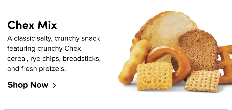 Chex Mix: A classic salty, crunchy snack featuring crunchy Chex cereal, rye chips, breadsticks, and fresh pretzels; Shop now
