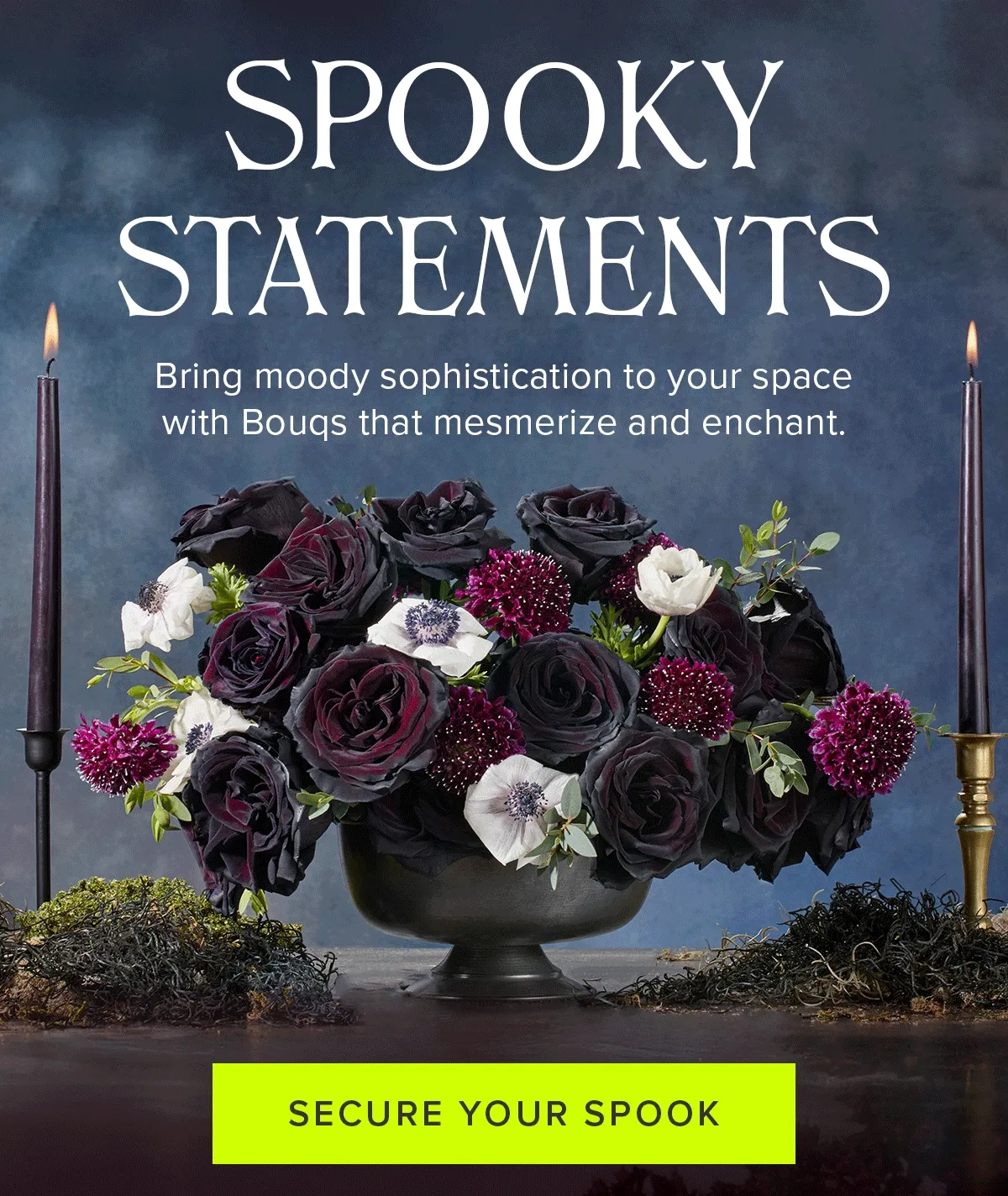 Spooky Statements. Bring moody sophistication to your space with Bouqs that mesmerize and enchant. Secure Your Spook.
