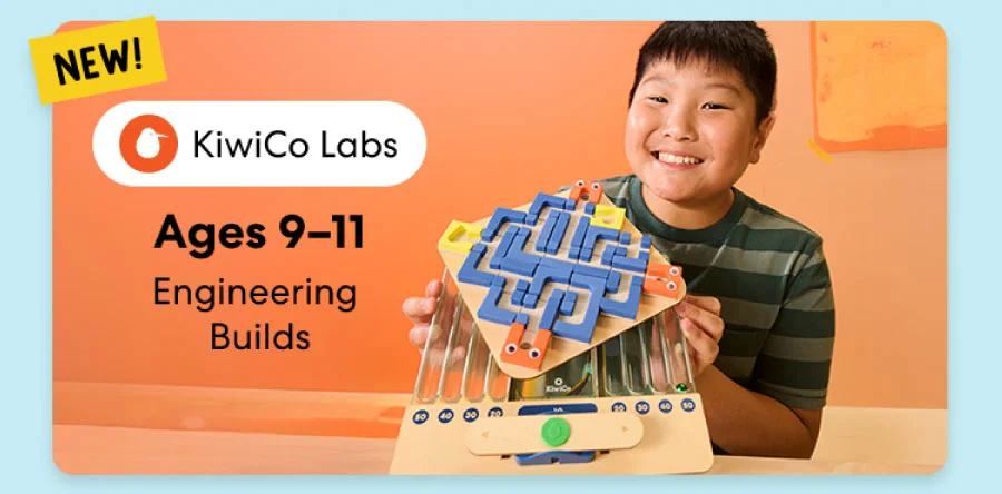 Boy building an engineering project from KiwiCo Labs, suitable for ages 9–11. Perfect for exploring engineering concepts.