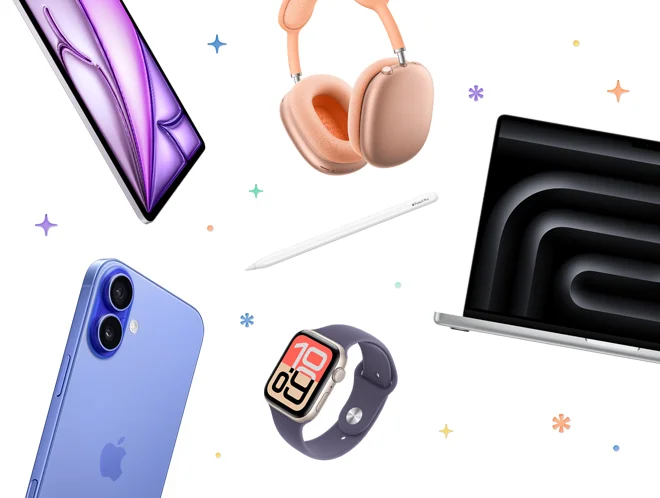A selection of Apple products included in the Apple Store Shopping Event: iPad Air, AirPods Max, MacBook Pro M4 Pro, Apple Watch SE 3, iPhone 16, Apple Pencil, multicolored stars and dots in background
