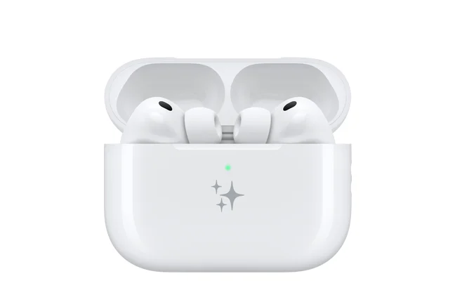 AirPods Pro 3, front exterior, case lid open, white color, earbuds with silicone tips, MagSafe Charging Case, rounded case exterior