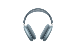 AirPods Max, blue color, over-ear headphones, multicolored stars and dots in background