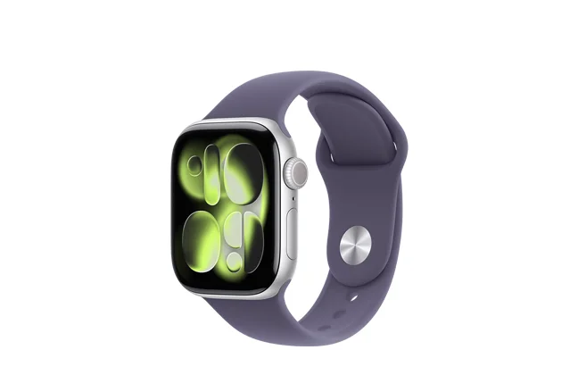 Apple Watch Series 11, front exterior, anchor blue color Sport band, space gray color aluminum case, Digital Crown, microphone, side button