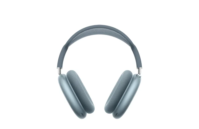 AirPods Max, blue color, over-ear headphones, multicolored stars and dots in background