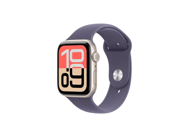 Apple Watch SE 3, front exterior, anchor blue color Sport band, starlight color aluminum case, Digital Crown, microphone, side button