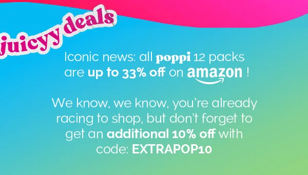 Iconic news: all poppi 12 packs are up to 33% off on amazon! We know, weknow, you're already racing to shop, but don't forget to get an additional 10% off with code: EXTRAPOP10