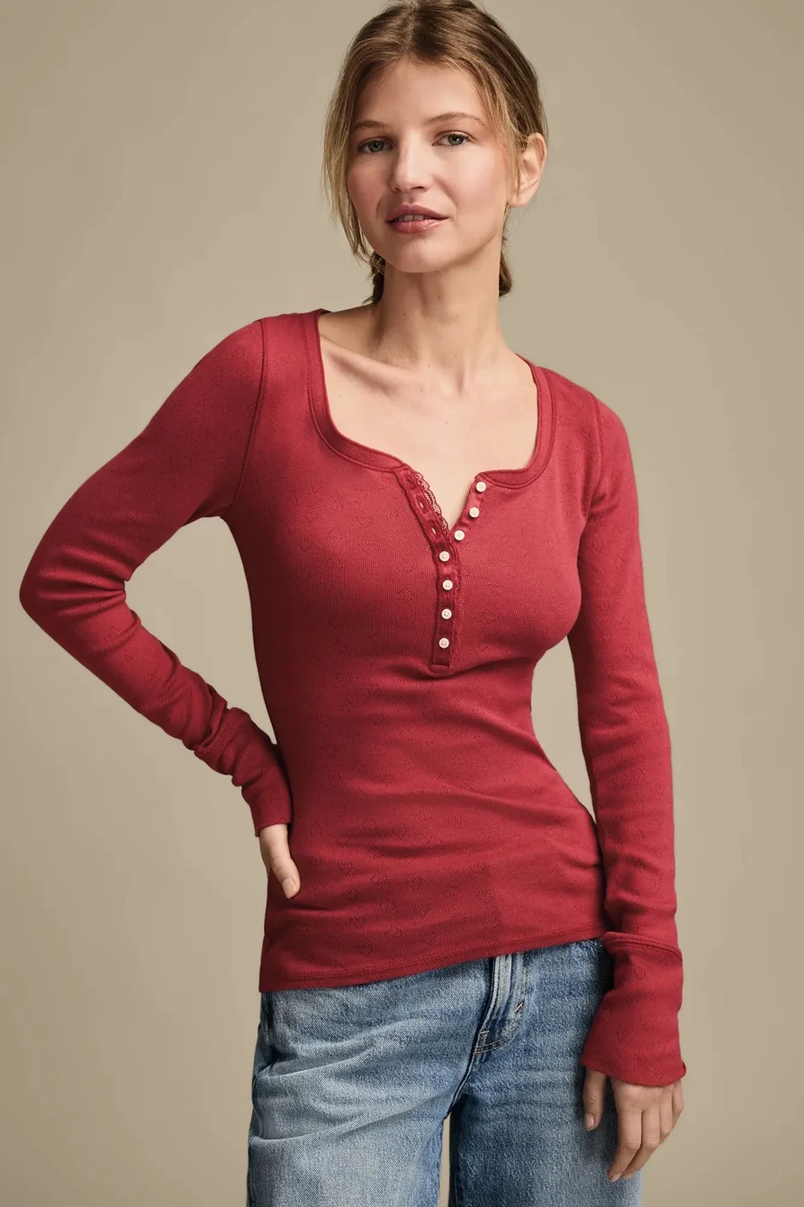 Image of Lucky Brand Valentine Pointelle Trim Rib Henley - Women's Clothing Tops Tees Henley Shirt in Red Dahlia Image of Lucky Brand Valentine Pointelle Trim Rib Henley - Women's Clothing Tops Tees Henley Shirt in Red Dahlia