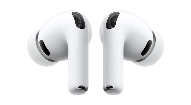 AirPods Pro 3, white color, left and right wireless headphones, silicone tips, noise-cancelling microphones, short tubular stem