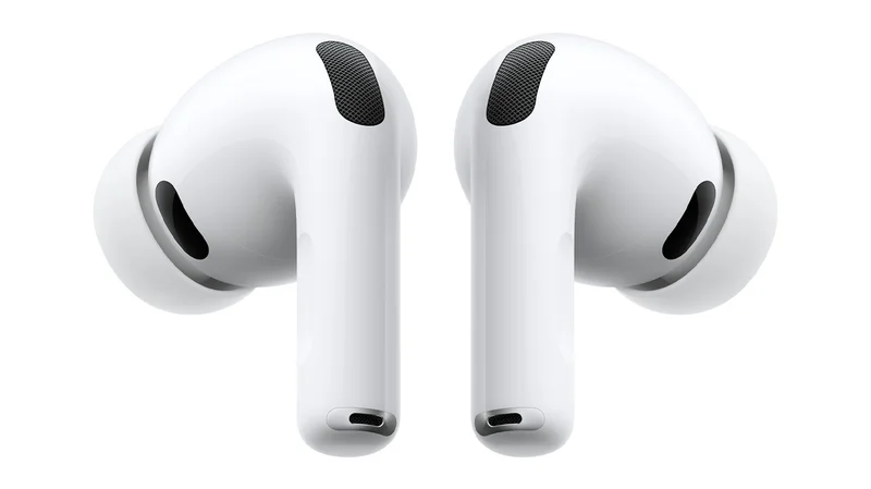 AirPods Pro 3, white color, left and right wireless headphones, silicone tips, noise-cancelling microphones, short tubular stem