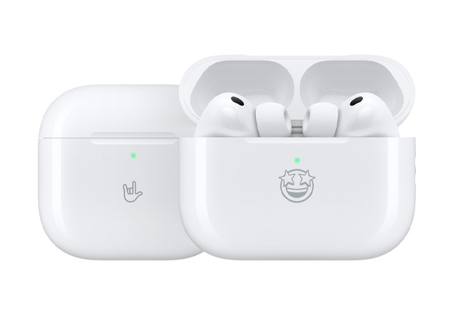 Custom-engraved Apple products: MagSafe Charging Case (USB-C) engraving on front reads: rock-on emoji, MagSafe Charging Case (USB-C), case open, AirPods Pro 3, engraving on front reads: star-struck emoji