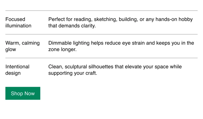 Focused illumination | Warm, calming glow | Intentional design