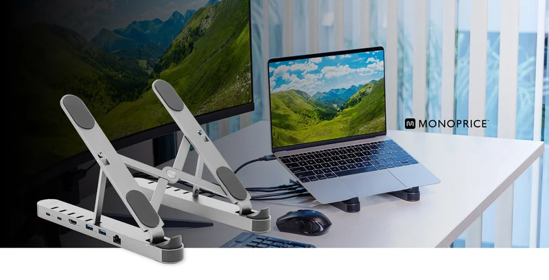 6-in-1 Portable Folding Laptop Stand and USB-C Docking Station with 4K HDMI, Gigabit Ethernet, With Adjustable Angles