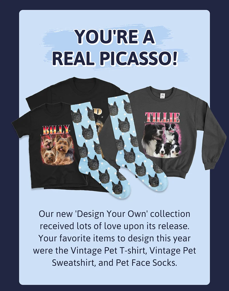 Sub-Heading: You're a Real Picasso! Body: Our new 'Design Your Own' collection received lots of love upon its release. Your favorite items to design this year were the Vintage Pet T-shirt, Vintage Pet Sweatshirt, and Pet Face Socks.